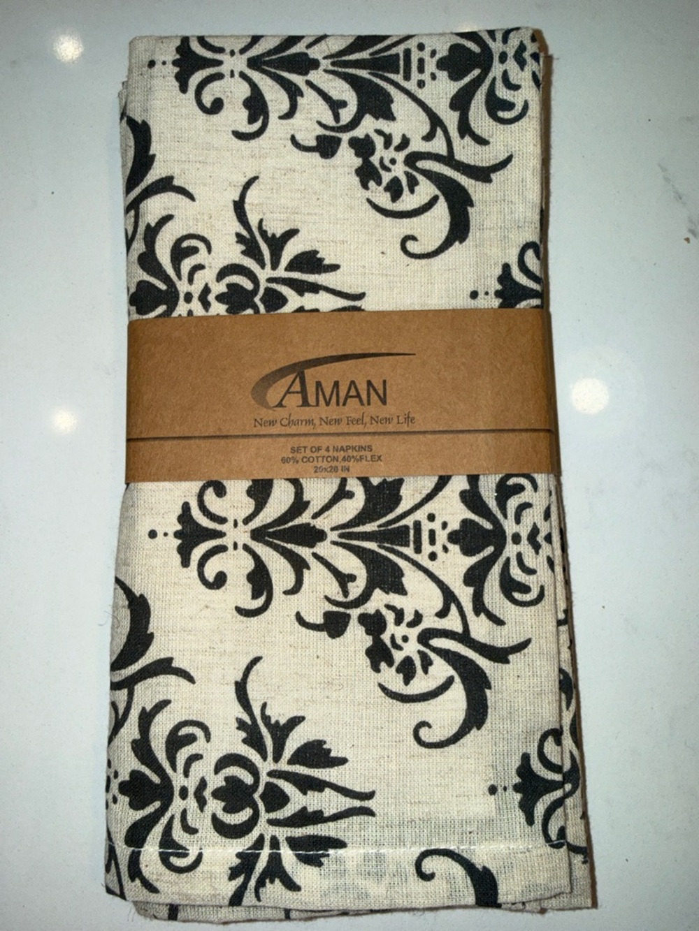 Aman Black Damask Cotton Napkins - Set of 4